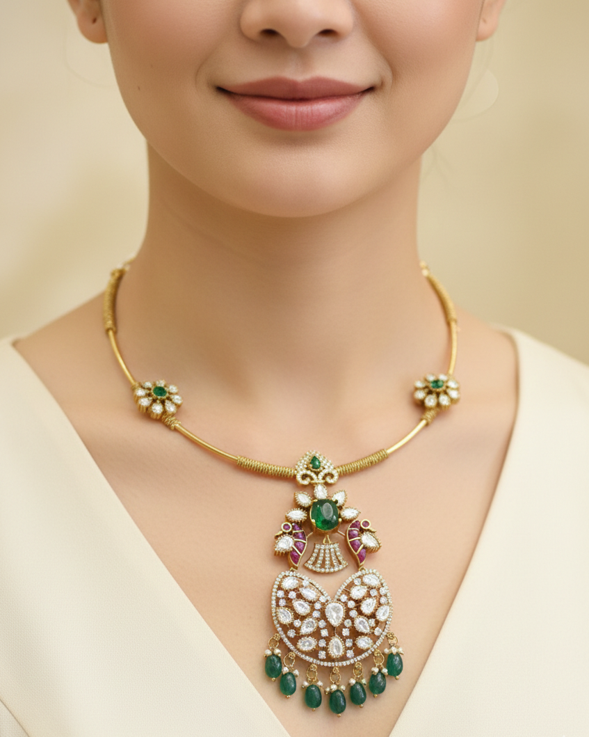 Woman wearing a gold necklace with emeralds and rubies on a beige background