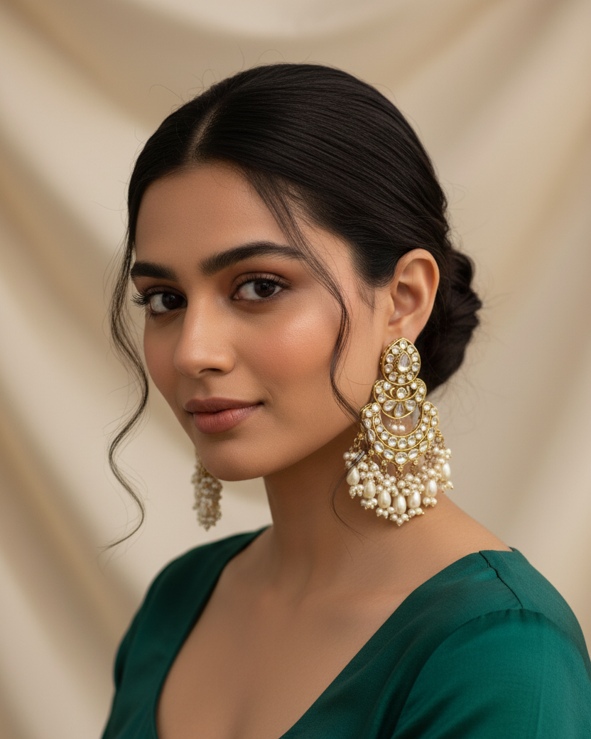 Woman wearing large, ornate earrings against a beige background