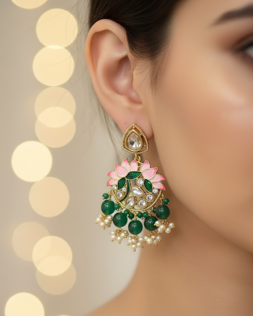 Meenakari Lotus Chandbali Earrings - Pink Maroon