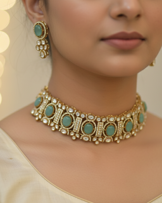 Victorian Polki Choker Set Mint Green Stones- American Diamond Cocktail set