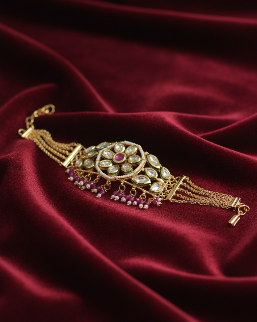 Gold bracelet with red stones on a red satin background