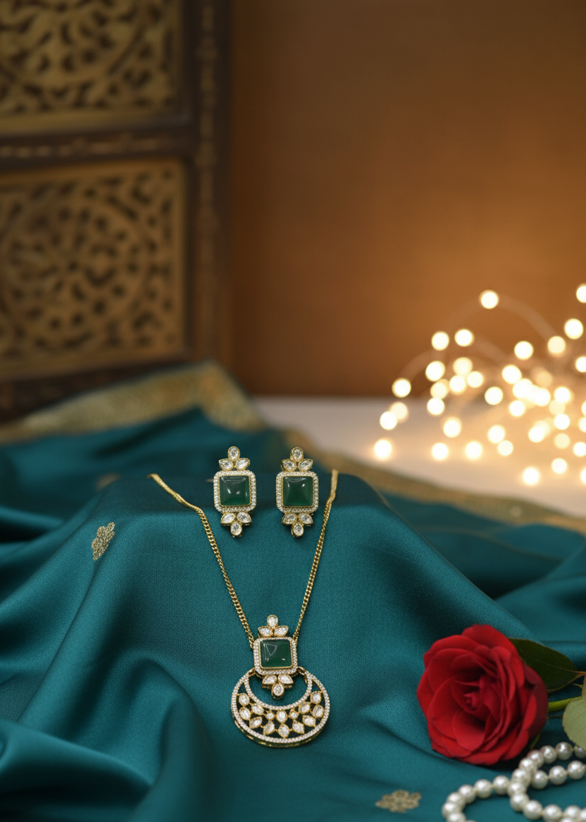 Classic Kundan Pendant Set- Green Colour