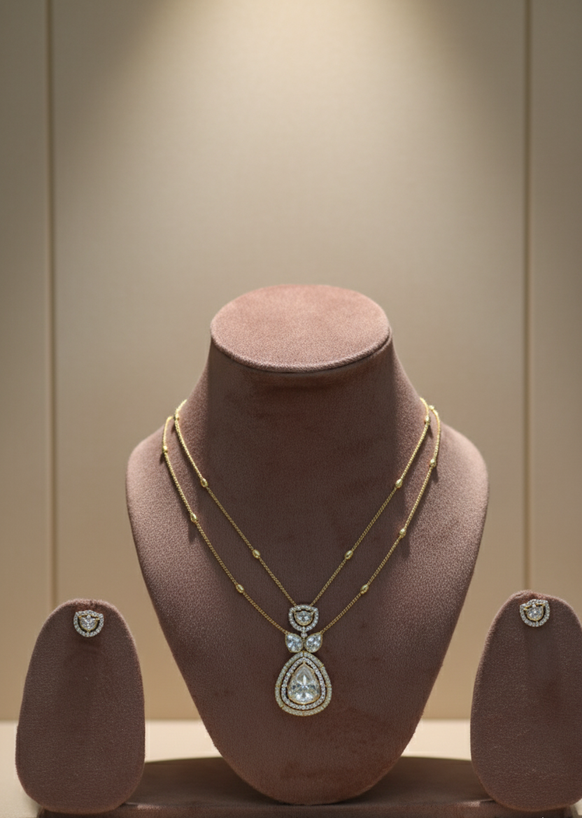 Elegant Gold Layered Necklace Set with Crystal Teardrop Pendant & Matching Earrings