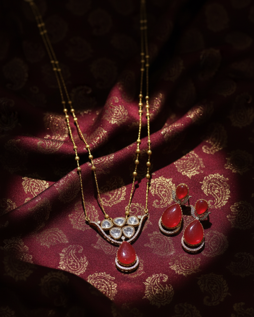 Jewelry set with a necklace and earrings on a patterned fabric background