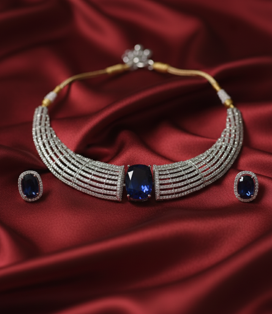 Sapphire Blue Silver American Diamond Necklace and Earrings Set - Luxury Statement Jewelry