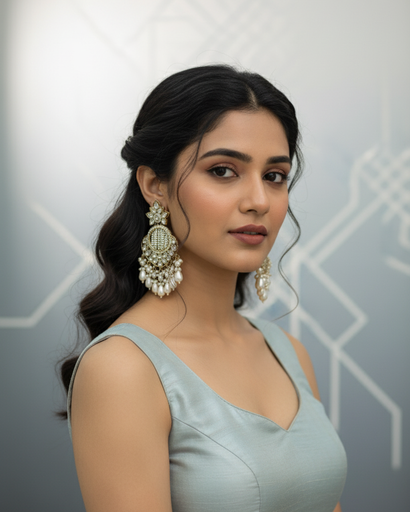 Woman wearing elegant earrings against a neutral background
