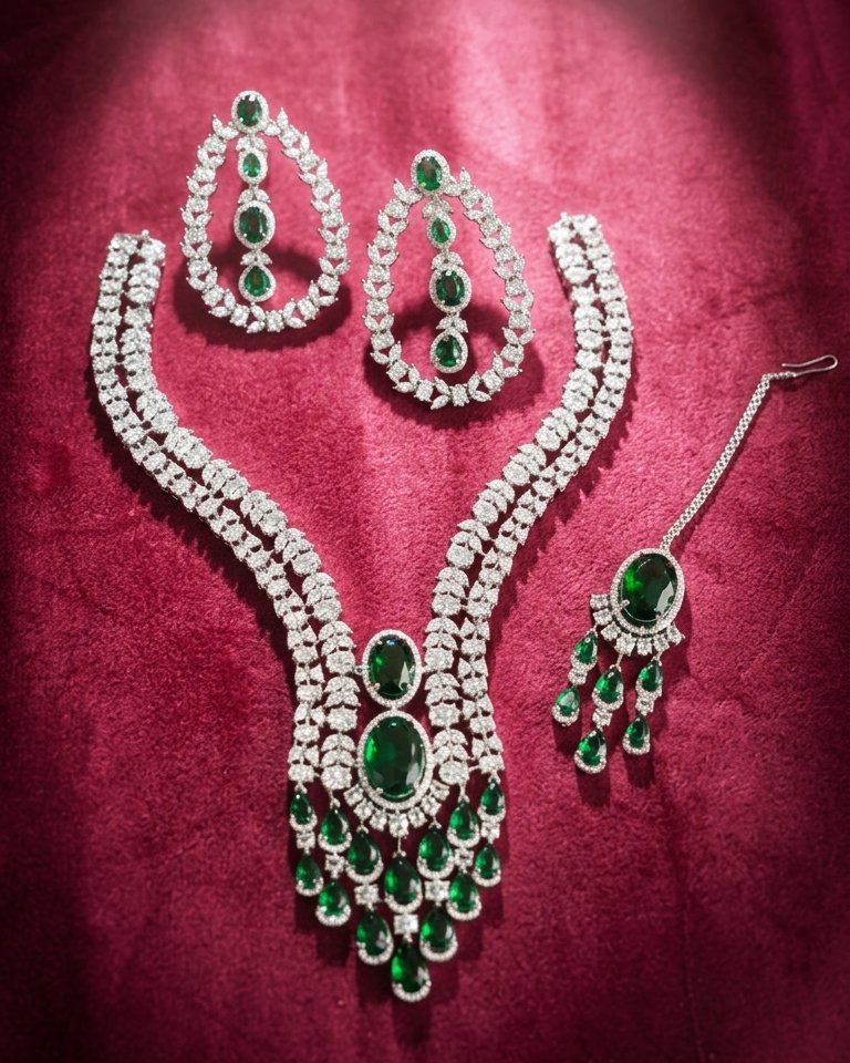 Jewelry set with necklace, earrings, and bracelet on a red fabric background