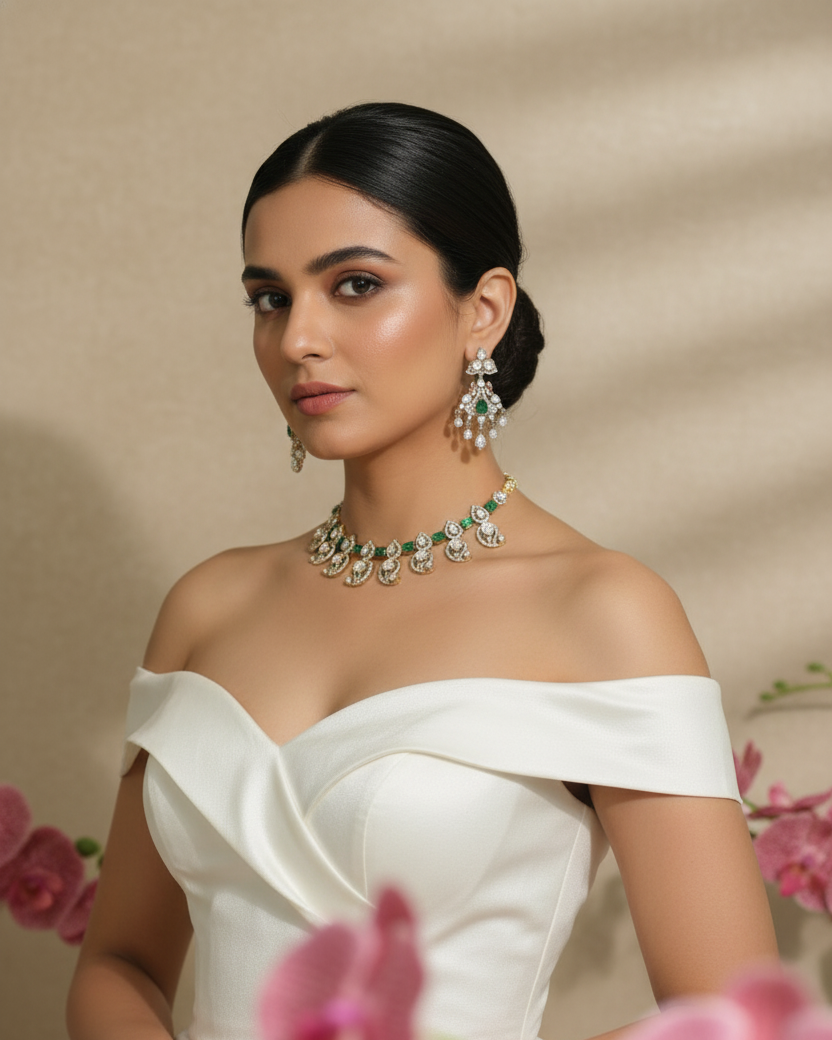 Woman in a white off-shoulder dress with jewelry and flowers on a beige background
