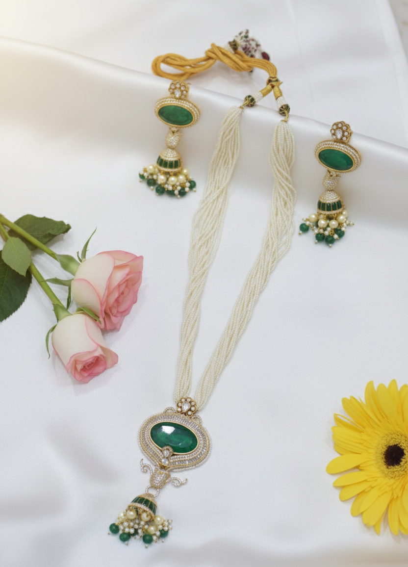 Long Pearl & Emerald Necklace Set - Traditional Kundan Jewelry with Earrings