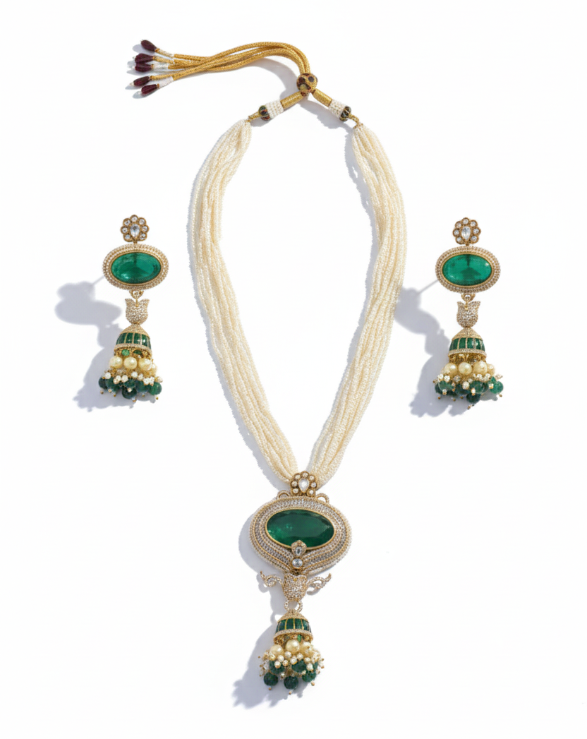 Long Pearl & Emerald Necklace Set - Traditional Kundan Jewelry with Earrings