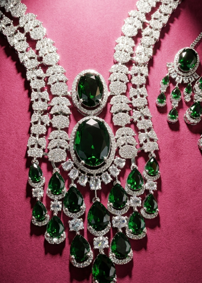 Elaborate necklace with green gemstones and silver accents on a pink background