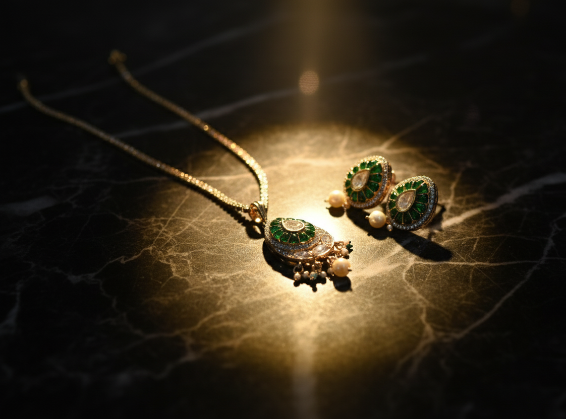 Green Polki Kundan Pendant & Earrings Set