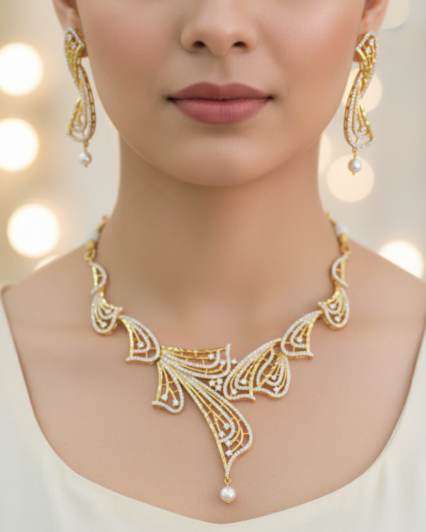 Gold Diamond Leaf Necklace and Earrings Set - Elegant Statement Jewelry