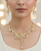 Gold Diamond Leaf Necklace and Earrings Set - Elegant Statement Jewelry