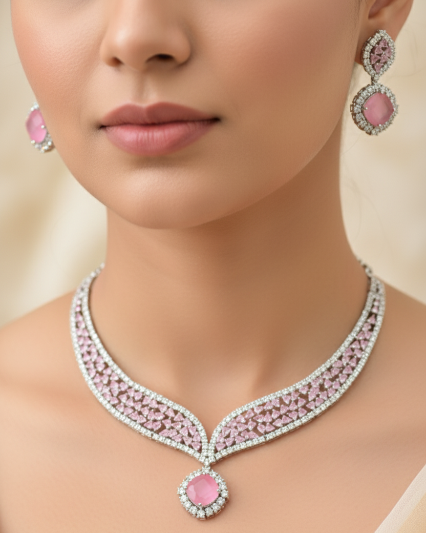 Sapphire Blue Silver Finish American Diamond Necklace and Earrings Set - Luxury Statement Jewelry