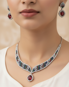 Sapphire Blue Silver Finish American Diamond Necklace and Earrings Set - Luxury Statement Jewelry