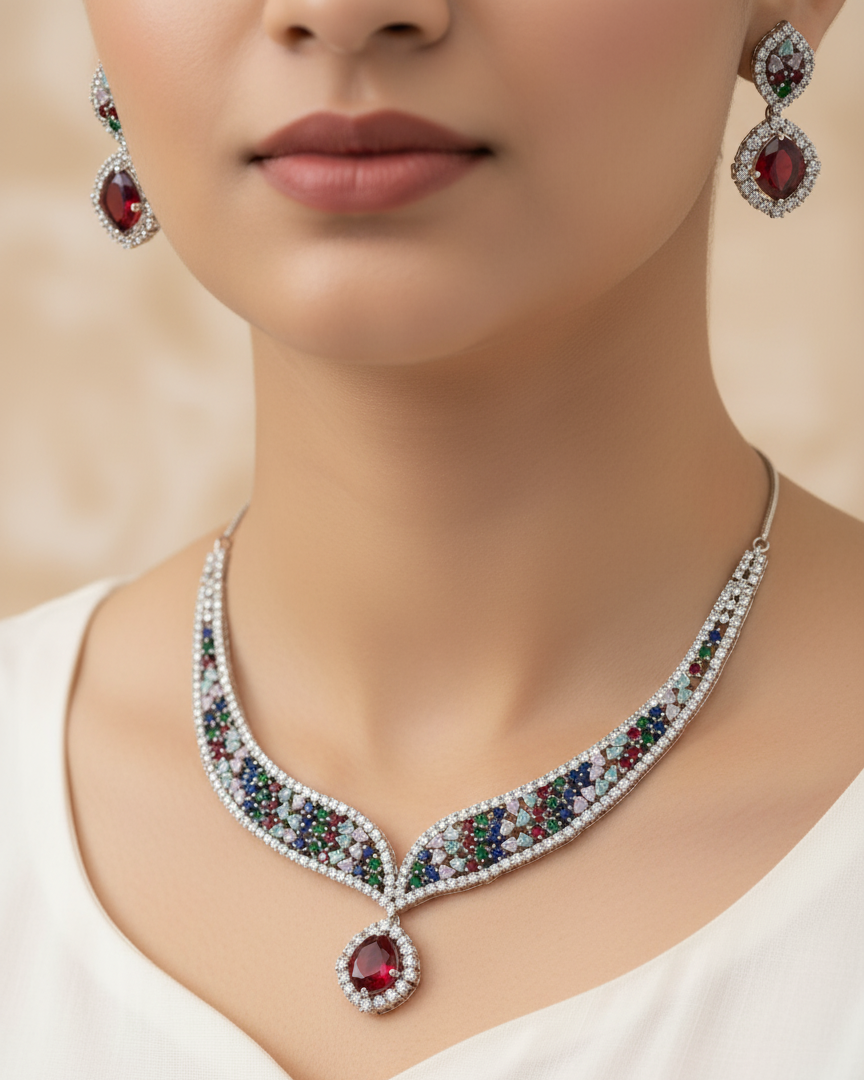 Sapphire Blue Silver Finish American Diamond Necklace and Earrings Set - Luxury Statement Jewelry