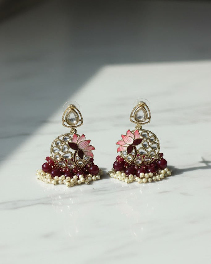 Meenakari Lotus Chandbali Earrings - Pink Maroon