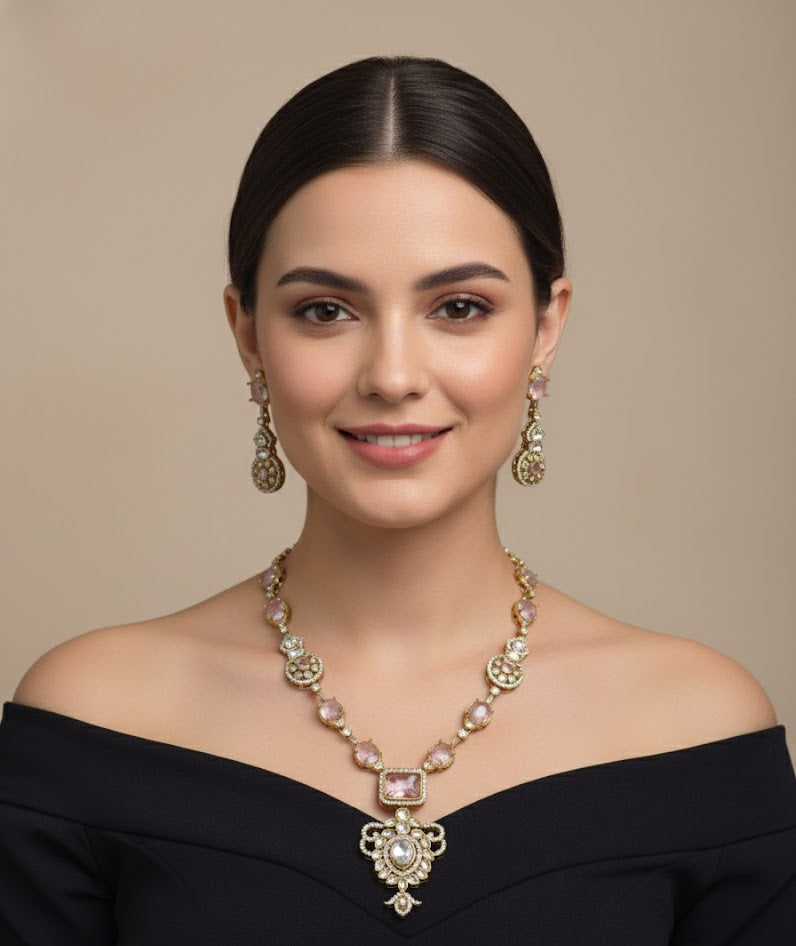 Woman wearing a luxurious necklace and earrings on a beige background