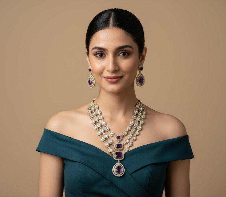 Woman wearing a luxurious necklace and earrings on a beige background