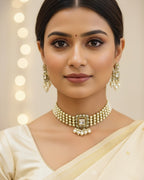 Woman wearing a pearl necklace and earrings with a blurred light background