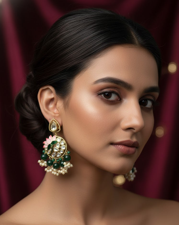 Woman wearing elaborate earrings against a red curtain background