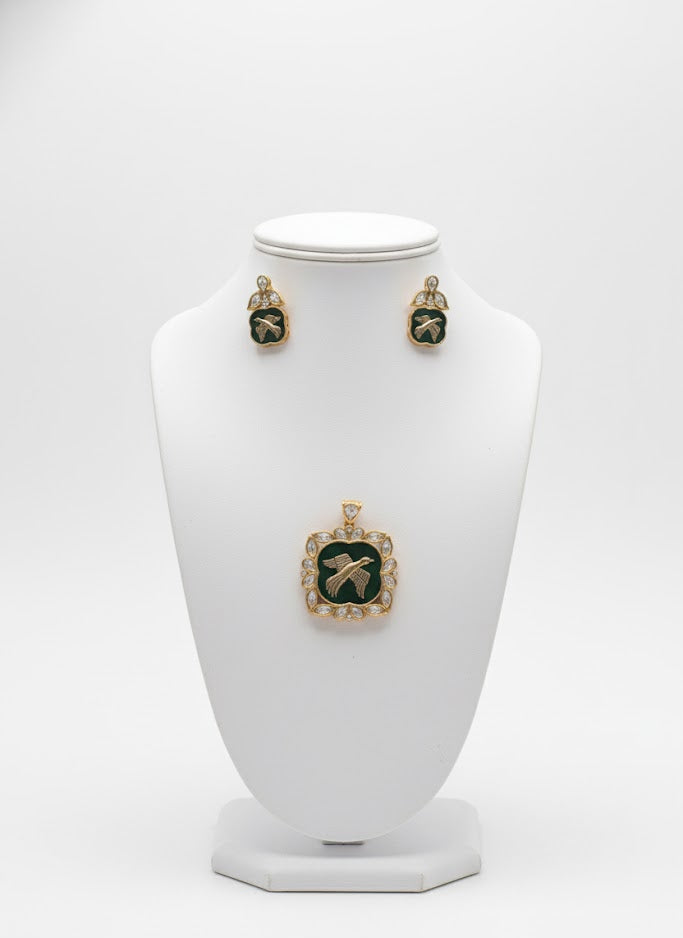 Green Meenakari Kundan Pendant & Earrings Set with Flying Bird