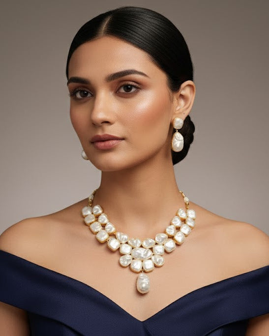 Baroque Pearl Necklace Set -Gold Finish