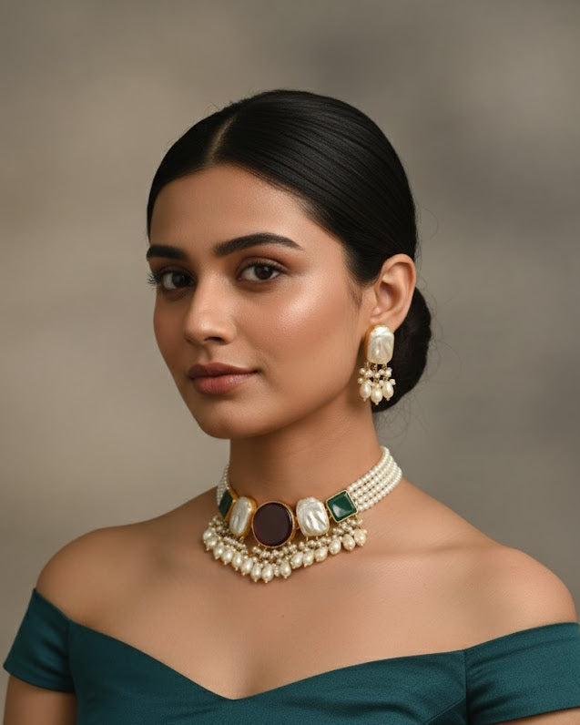 Woman wearing a green off-shoulder top and a necklace with earrings against a neutral background