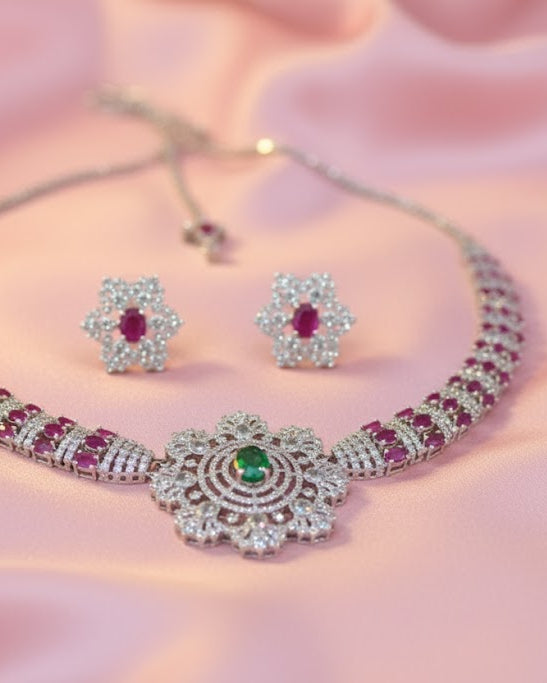 Diamond Style Ruby Emerald Necklace Set with Maang Tikka - American Diamond Set