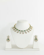 Jewelry set with necklace and earrings on a white stand