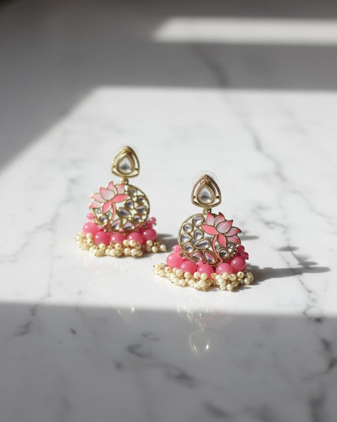 Pink Meenakari Lotus Chandbali Earrings - Lotus Chandbali