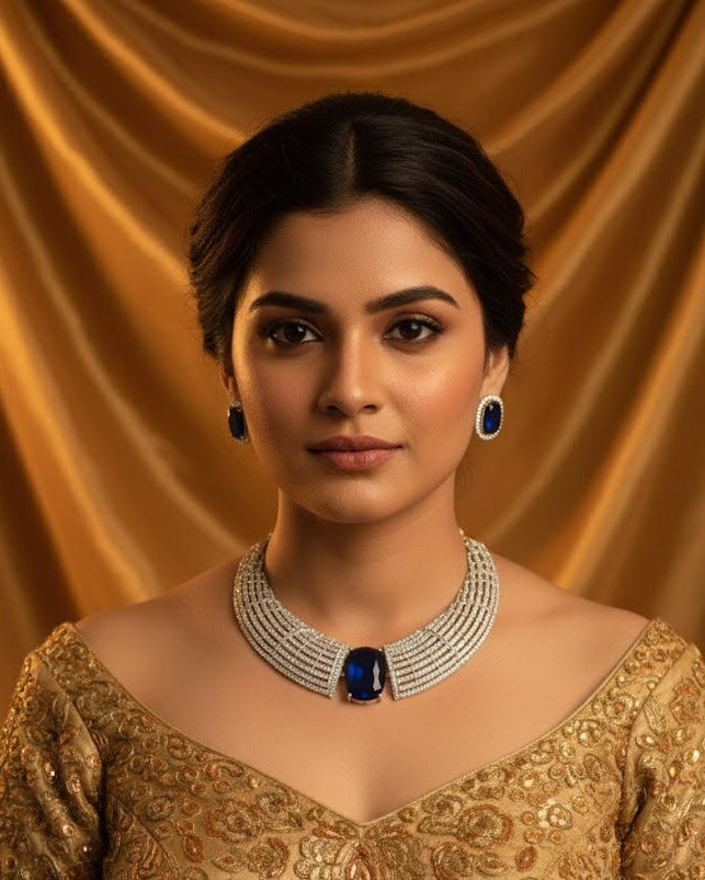 Woman wearing a gold blouse with intricate patterns against a golden curtain background