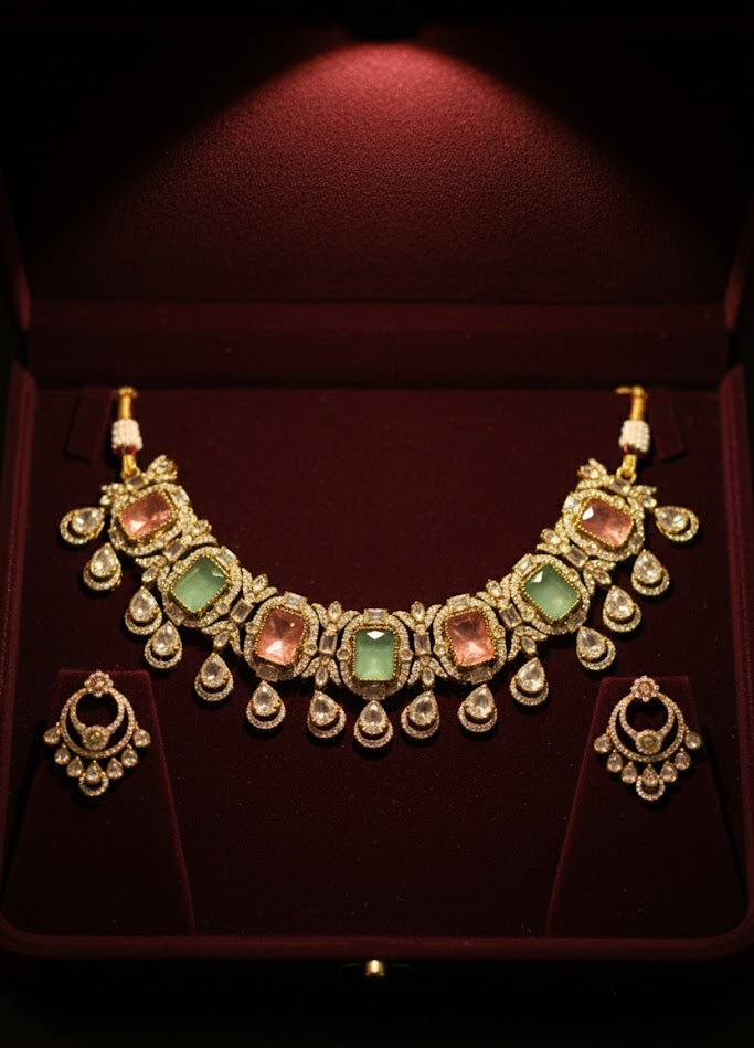 Ornate necklace with gemstones on a red velvet background