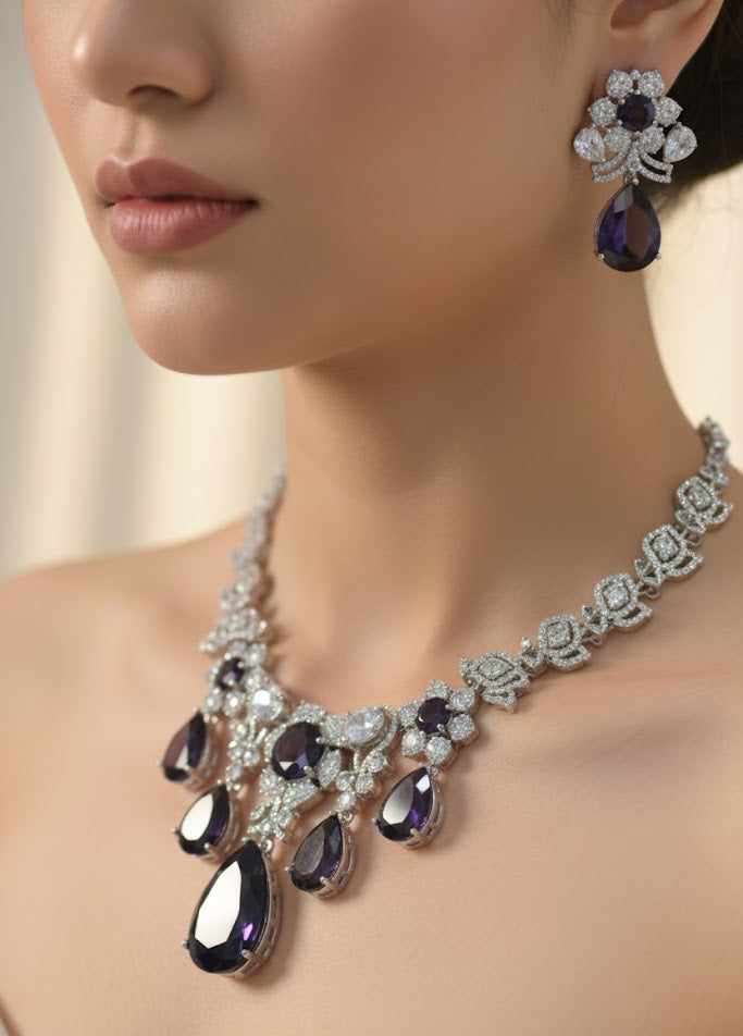 Purple Amethyst Drop down American Diamond Silver Plated Necklace set