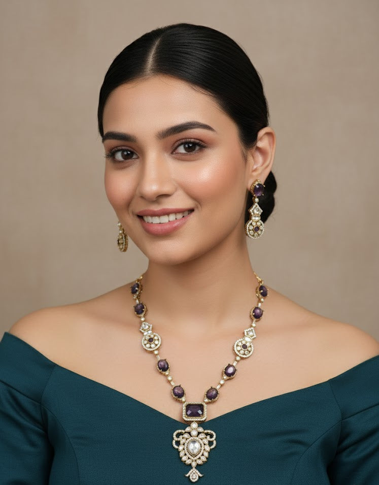 Woman wearing a necklace and earrings with a plain background