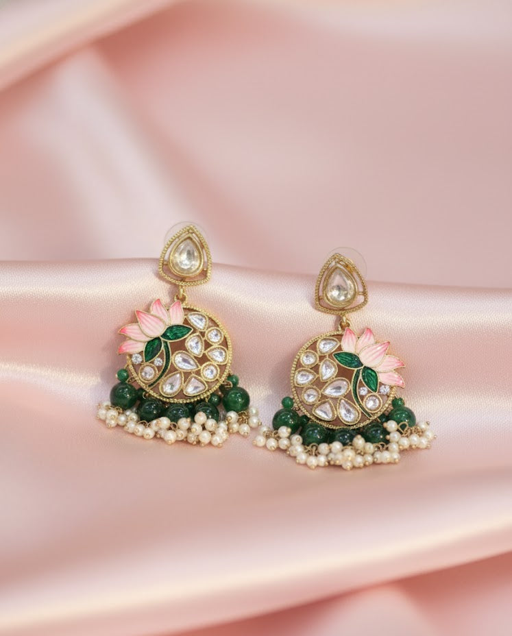 Meenakari Chandbali Lotus Earrings - Pearl & Beads Traditional Jewelry
