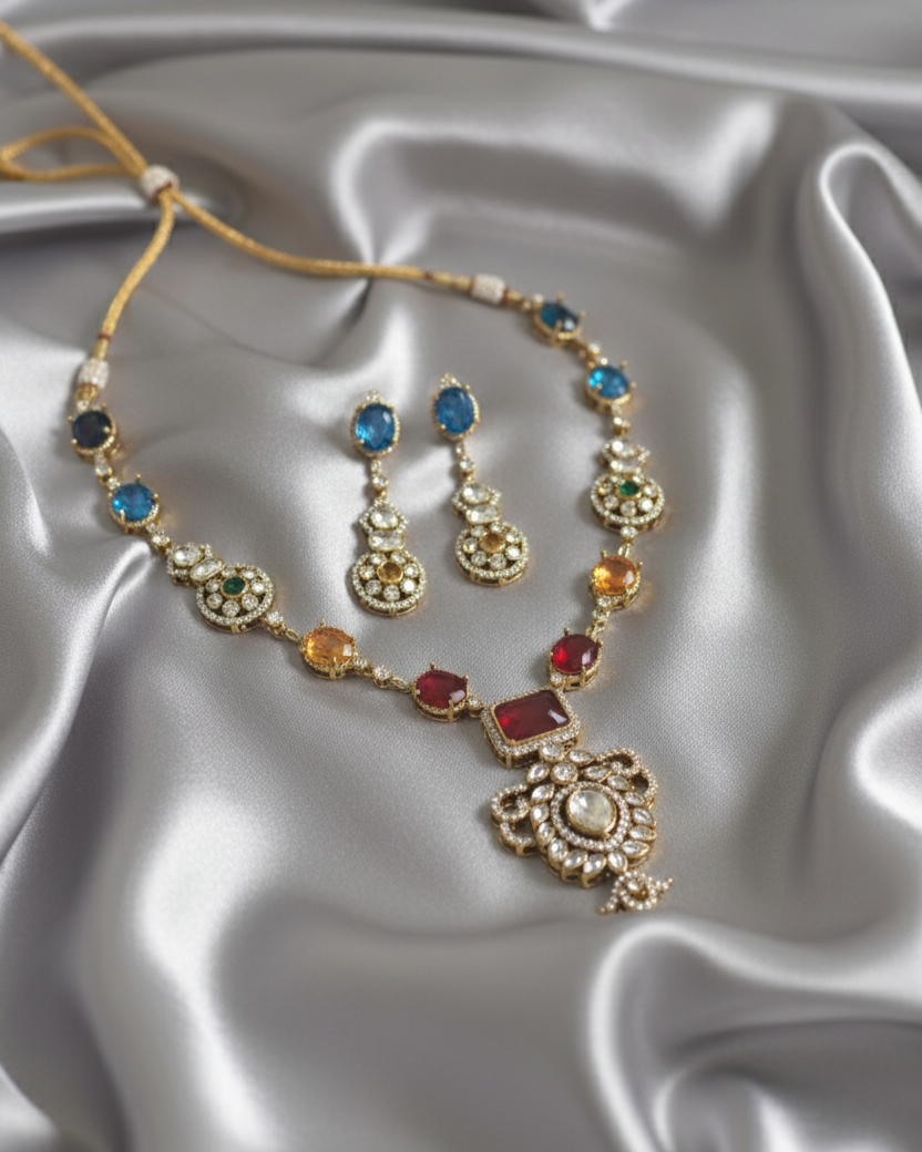 Rose Pink and Gold Victorian Necklace and Earring Set - Crystal Statement Jewelry